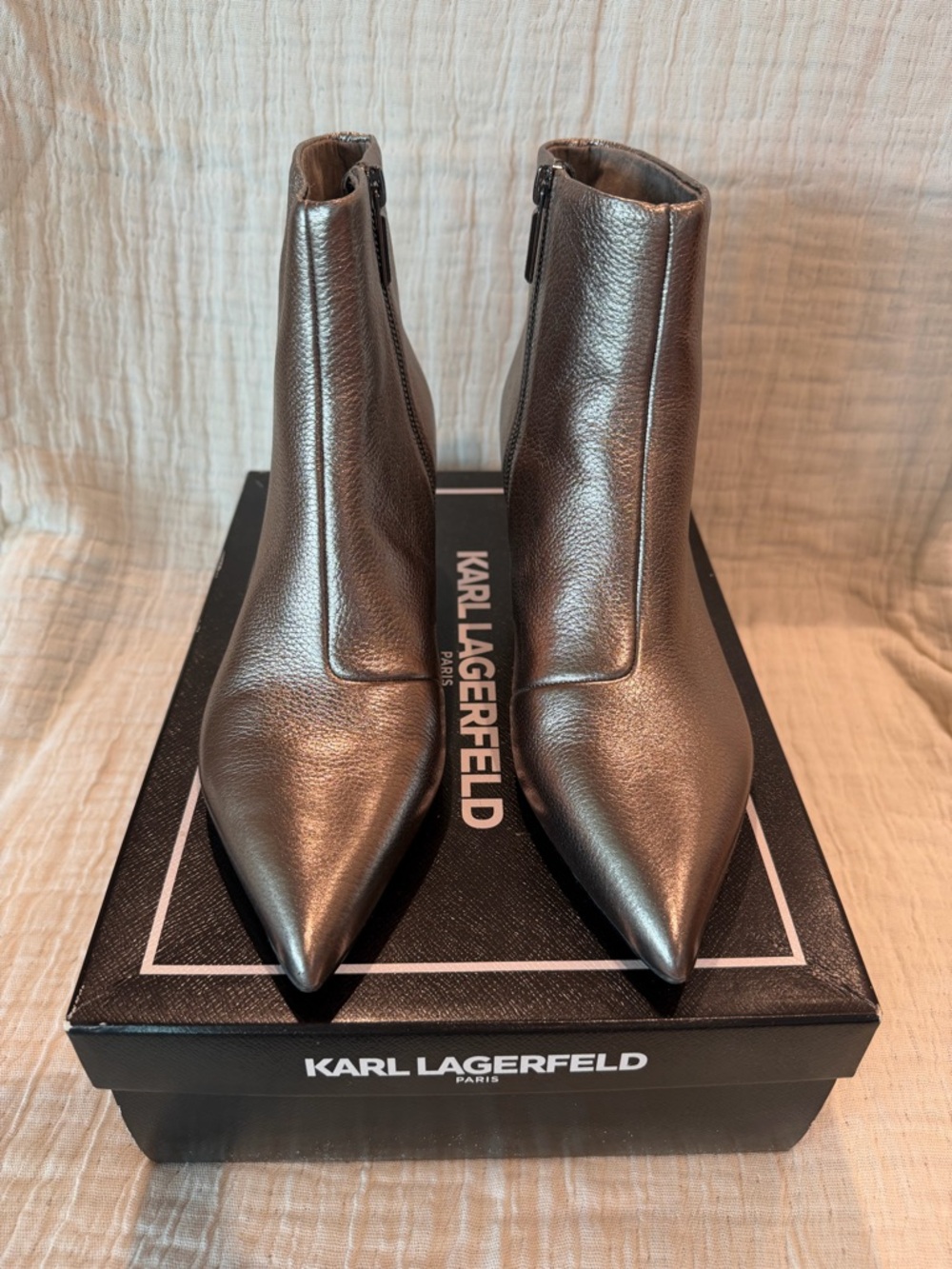 Karl Lagerfeld Metallic Pewter Pointed Toe Ankle Boots